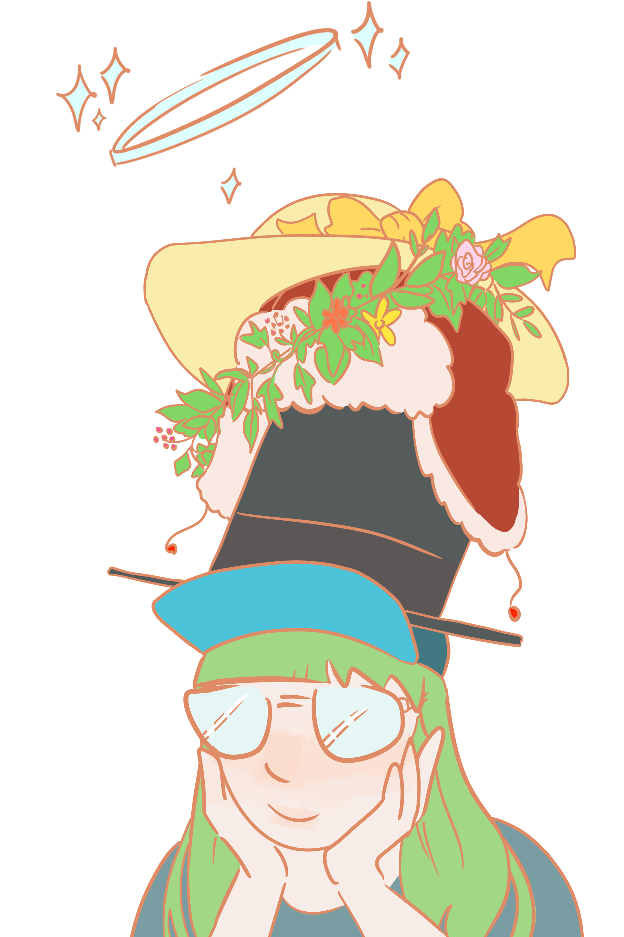 Cartoon image of myself wearing six coloured hats