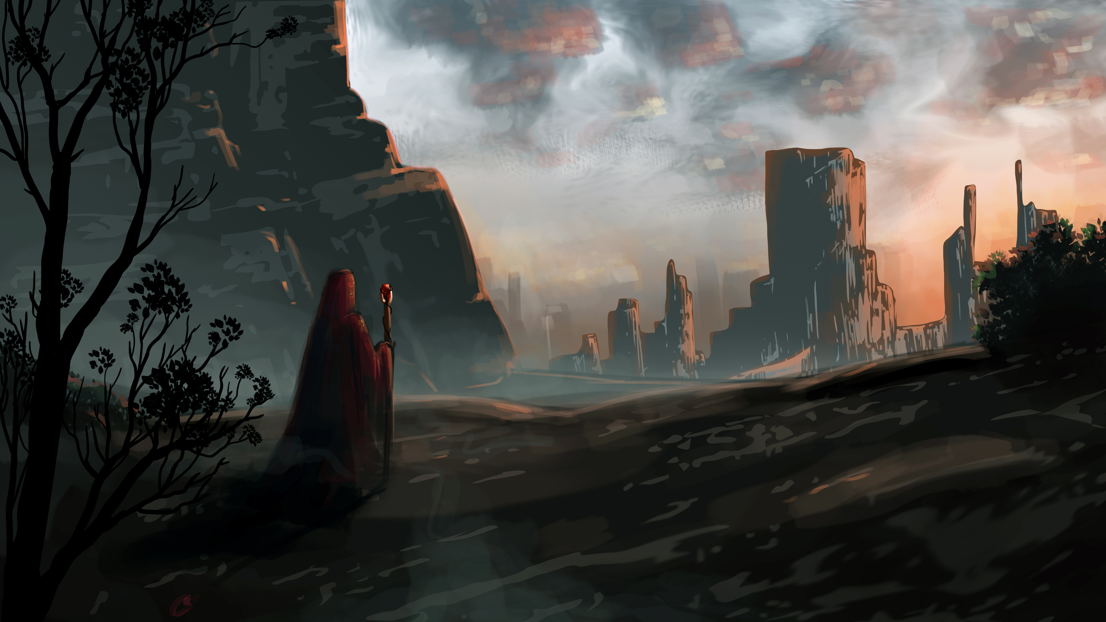 Image of a wizard looking out at the sun rising between towering rocky outcrops