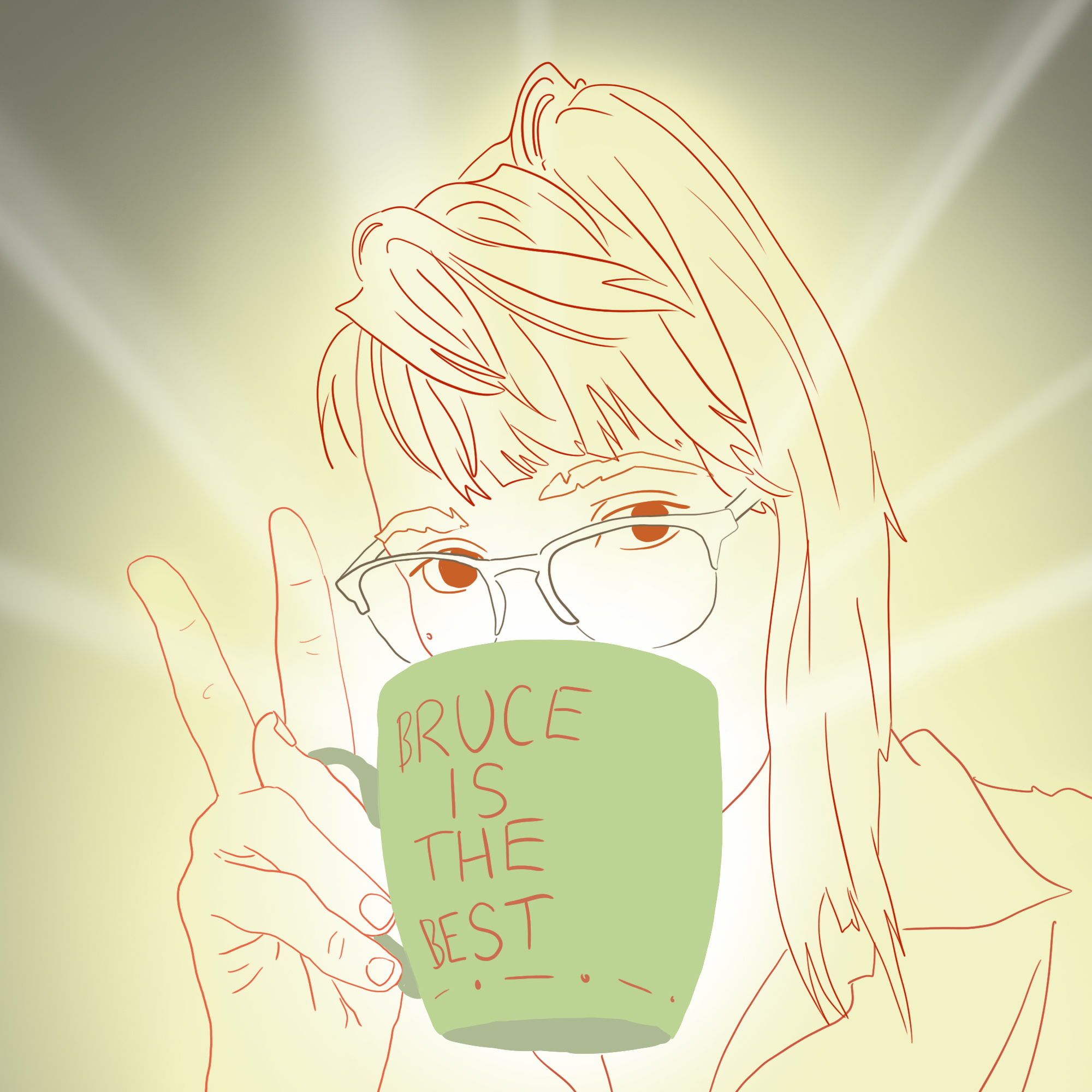 Image shows me drinking a cup of tea, which is glowing with holy light