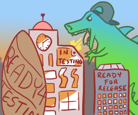 A giant dinosaur with a snapback cap attacking a city with buildings that have "Ready 4 testing" and "In Testing" written on them.