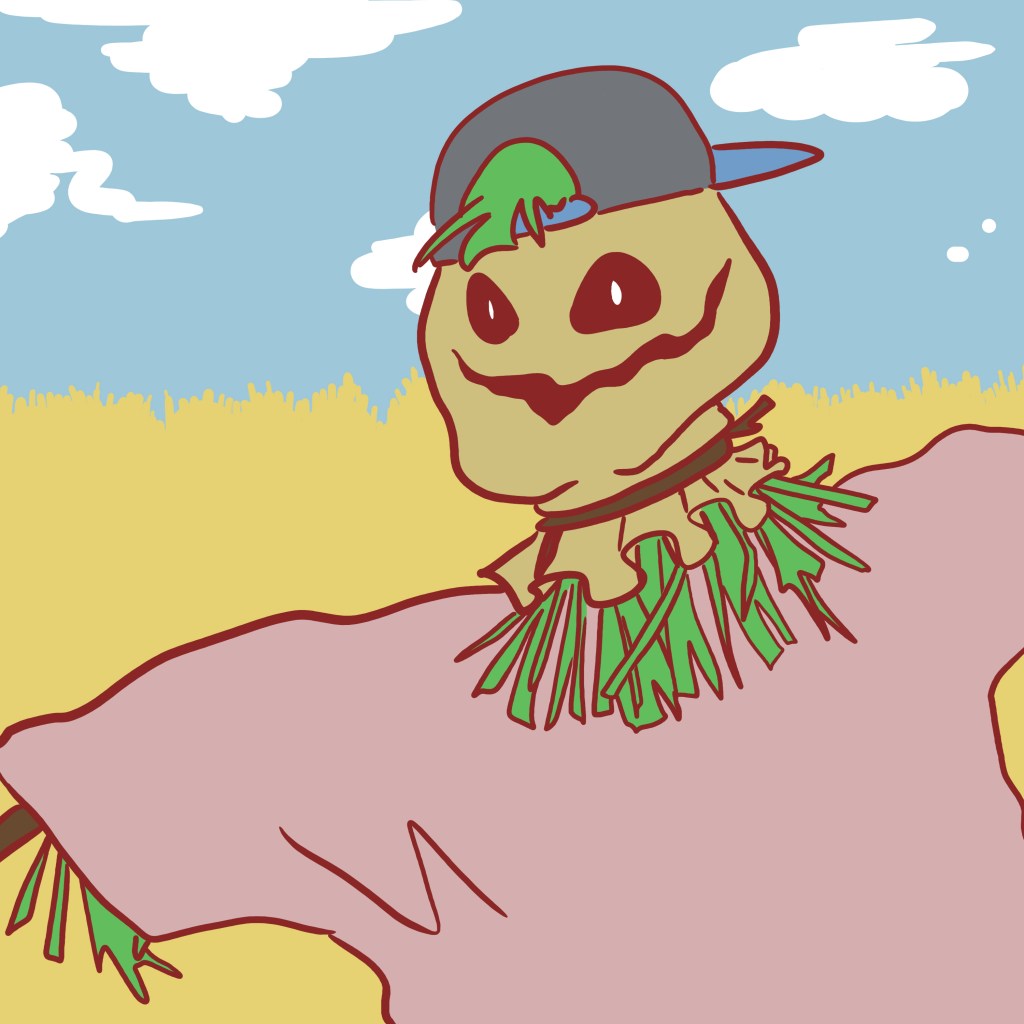 A scarecrow in a snapback cap and a pink t-shirt