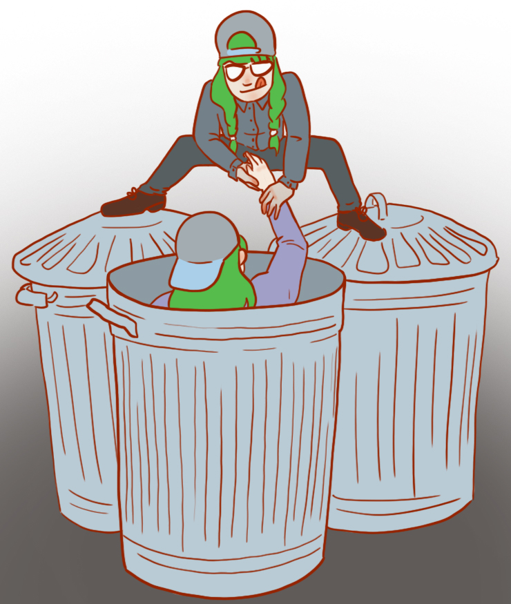Illustration of a Bruce inside a rubbish bin, being pulled out by another Bruce who is standing on yet more rubbish bins.