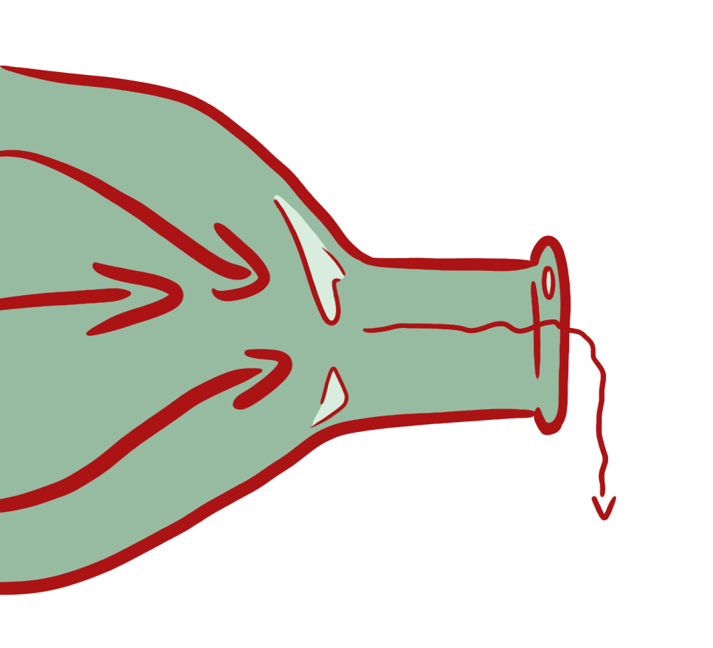 Illustration of a wine bottle on its side, with only a small trickle coming out of the neck