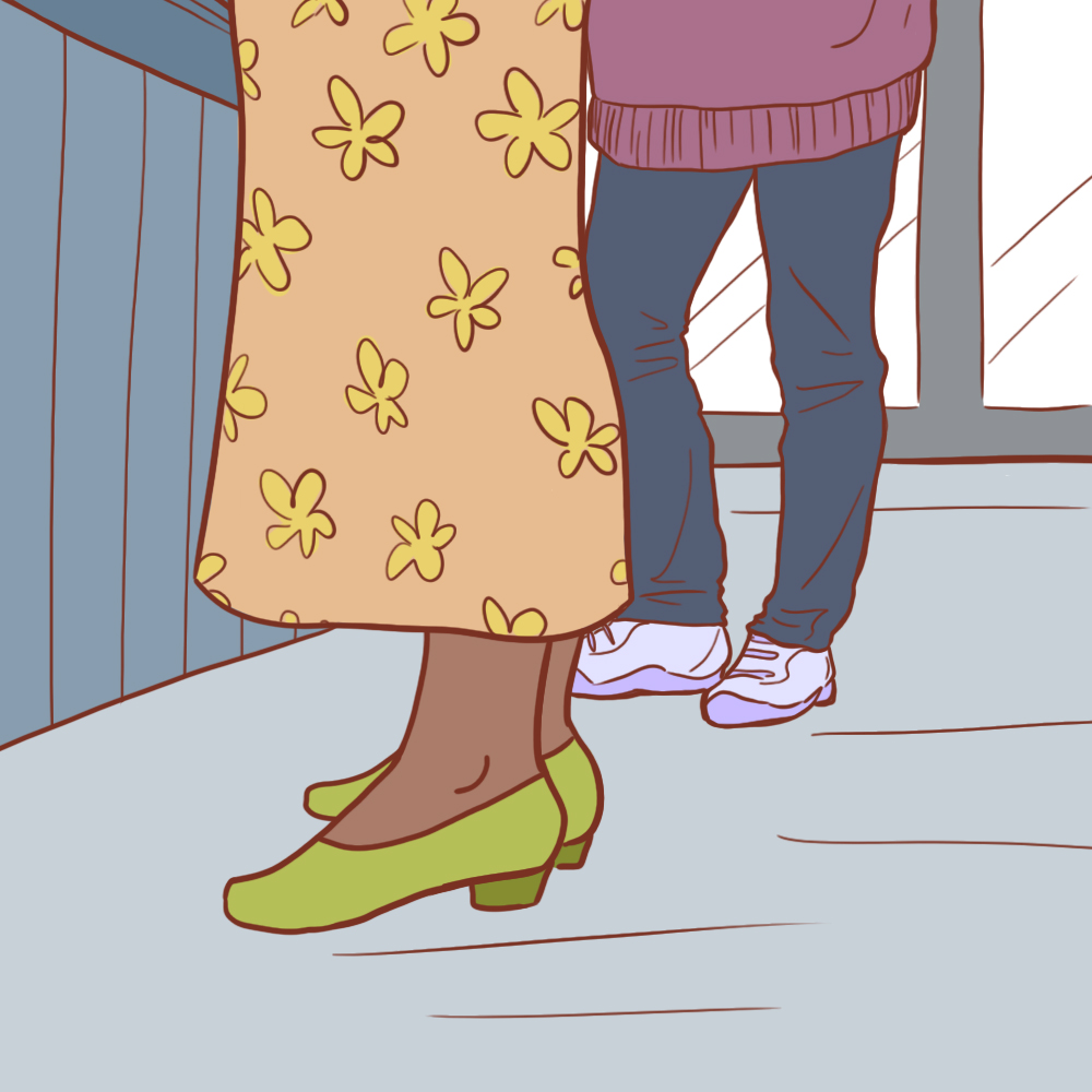 Illustration of some people's legs standing around in a queue.