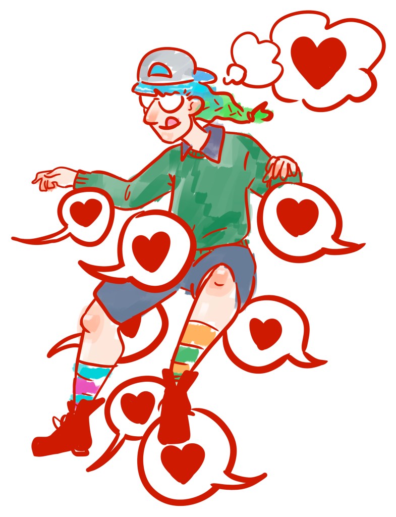 Illustration of me floating on a bunch of speech bubbles with hearts inside