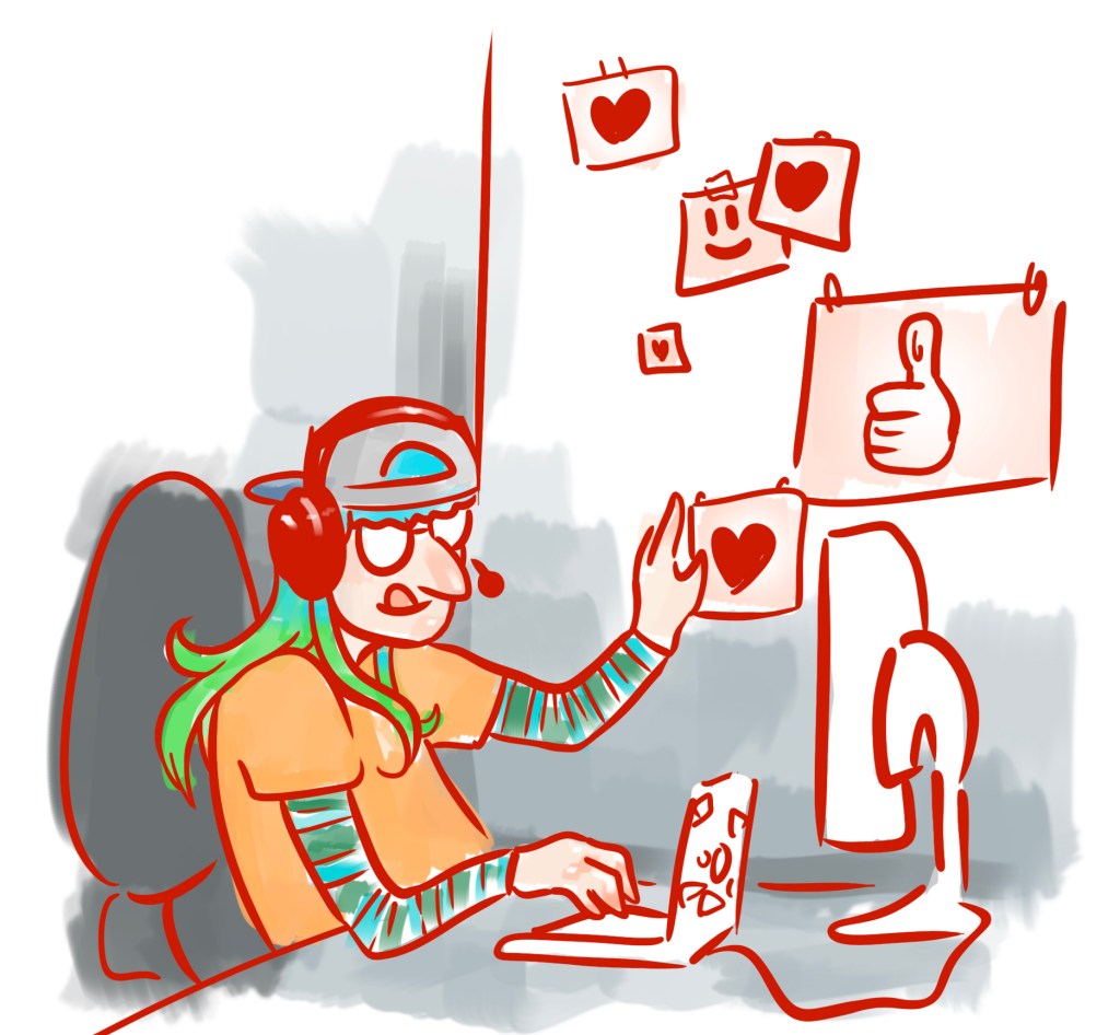 Illustration of me at my desk, affectionately touching a wall of hearts