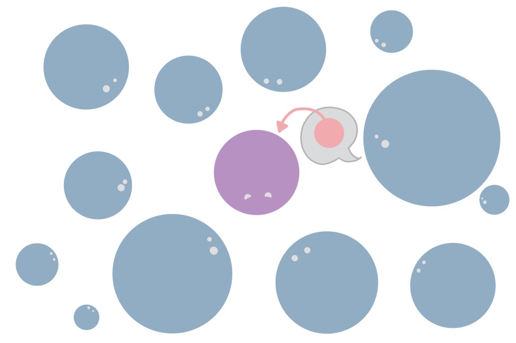 Decorative image showing a bunch of blue circles, with a purple circle in the middle. One of the blue circles has a speech bubble pointing at the purple circle, stating that it is in fact a pink circle