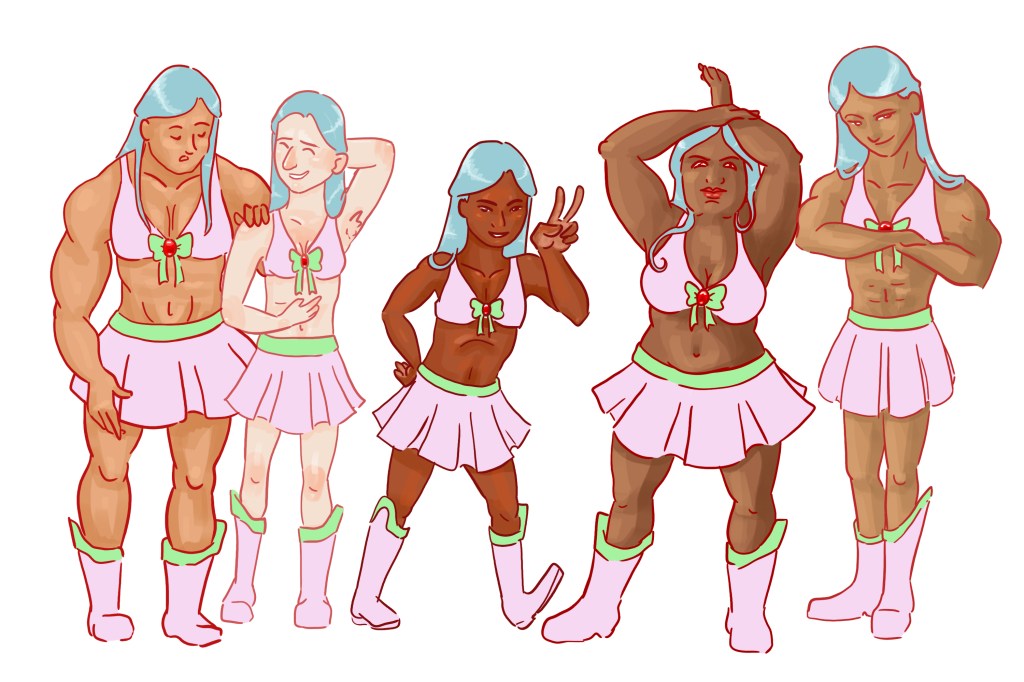 Image shows five people displaying traditionally masculine and feminine characteristics, while wearing pink bikini tops and short skirts.