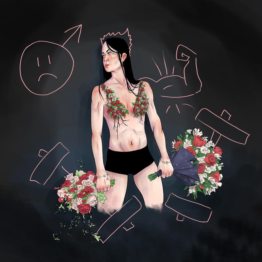 Decorative image showing a character holding bouquets of flowers that are also weights