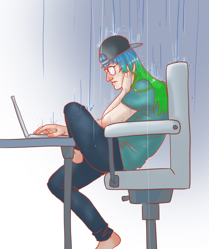 Illustration of me sitting at my desk as rain falls on my head