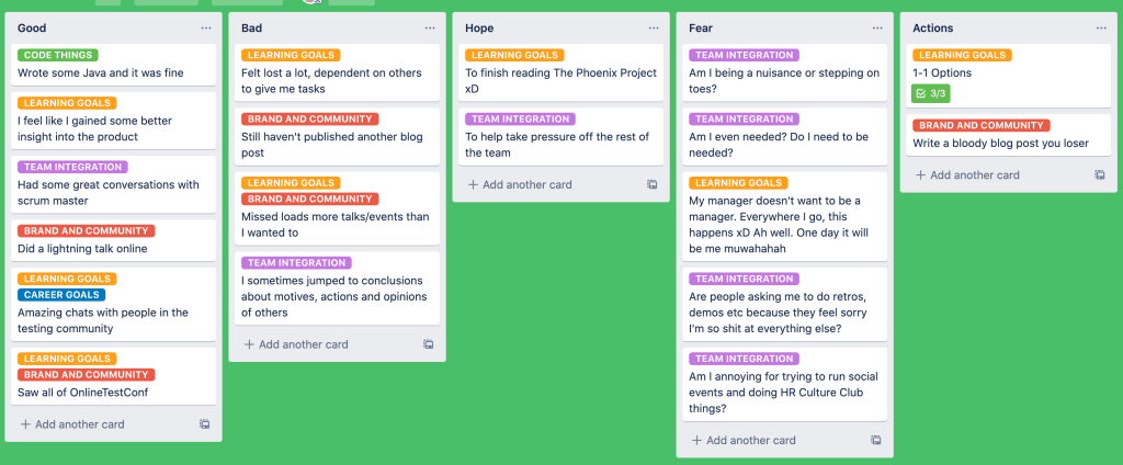 Screenshot of my first retrospective board, the contents are broken down in the blog body below