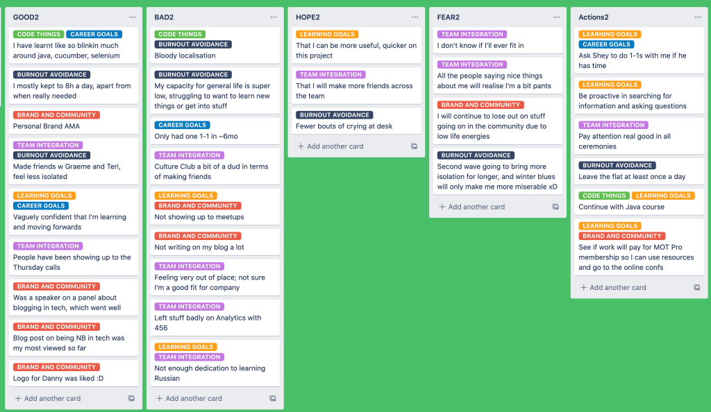 Screenshot of my second retrospective board, the contents are broken down in the blog body