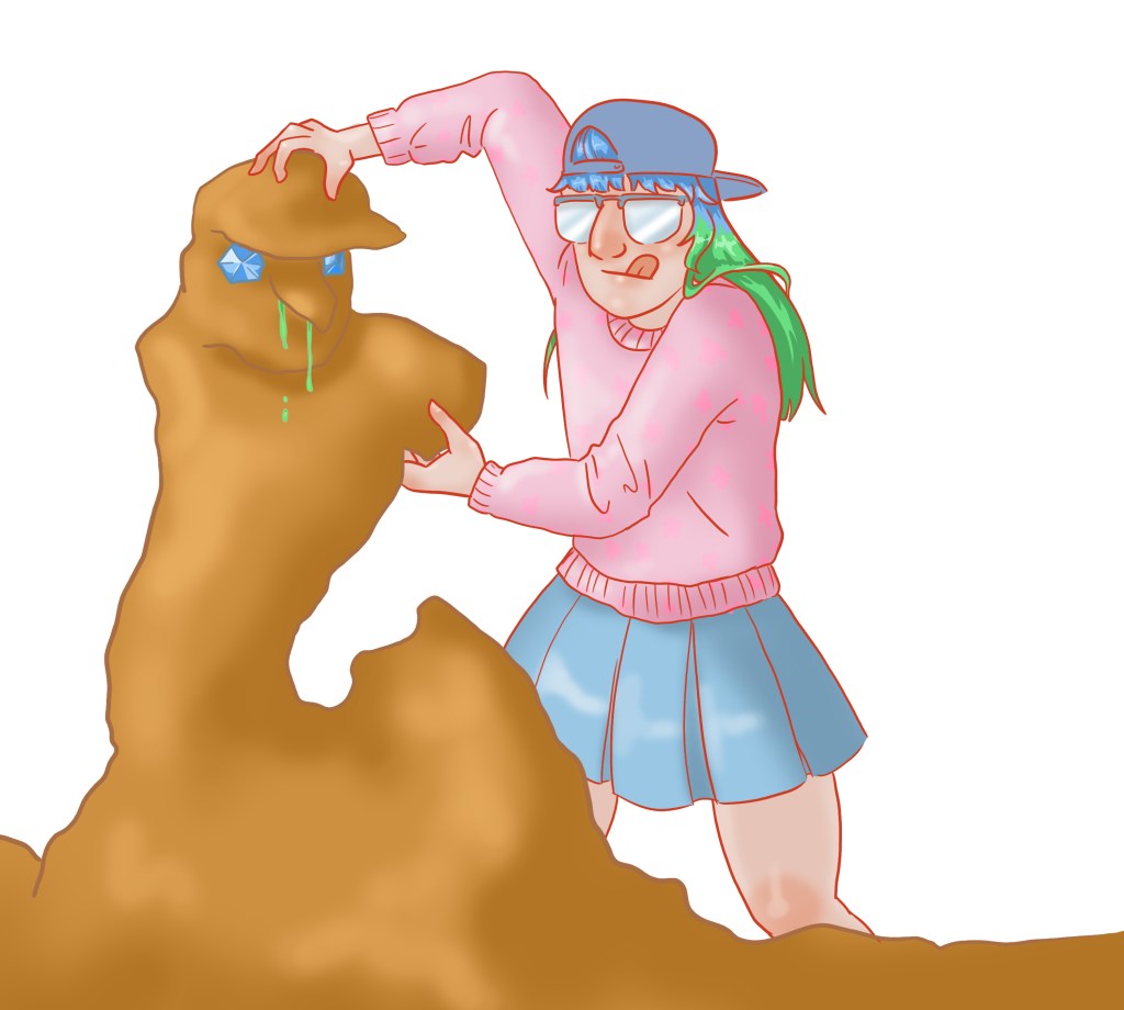 Illustration of me building a snotty version of myself out of clay