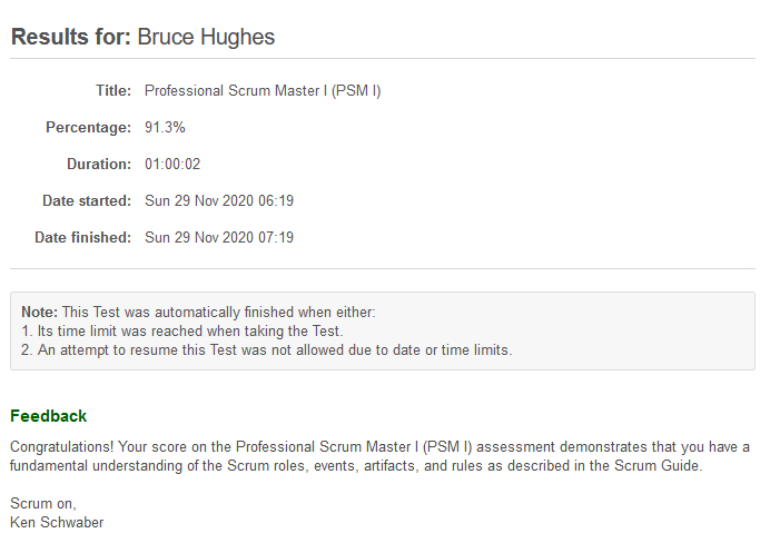 Screenshot of the finishing page of the test, showing results for Bruce Hughes with a passing percentage of 91.3%