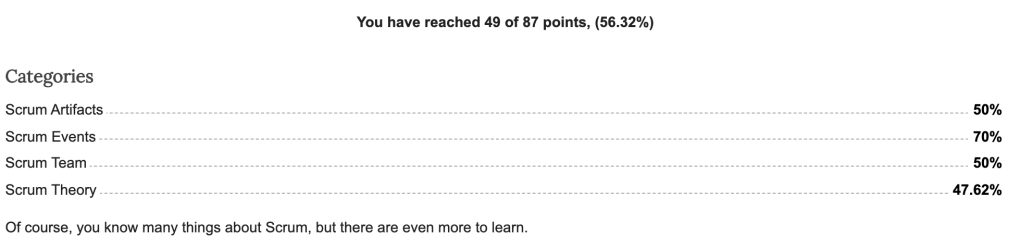 Screenshot of the test results. I scored 49 out of 87, which is 56%.