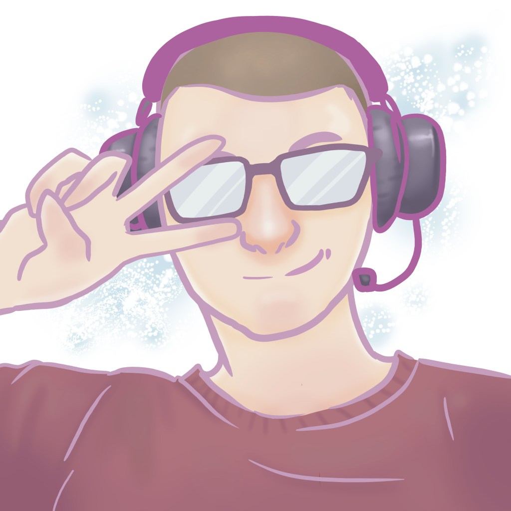 Drawing of Chris Armstrong wearing a headset and making the peace sign over one eye