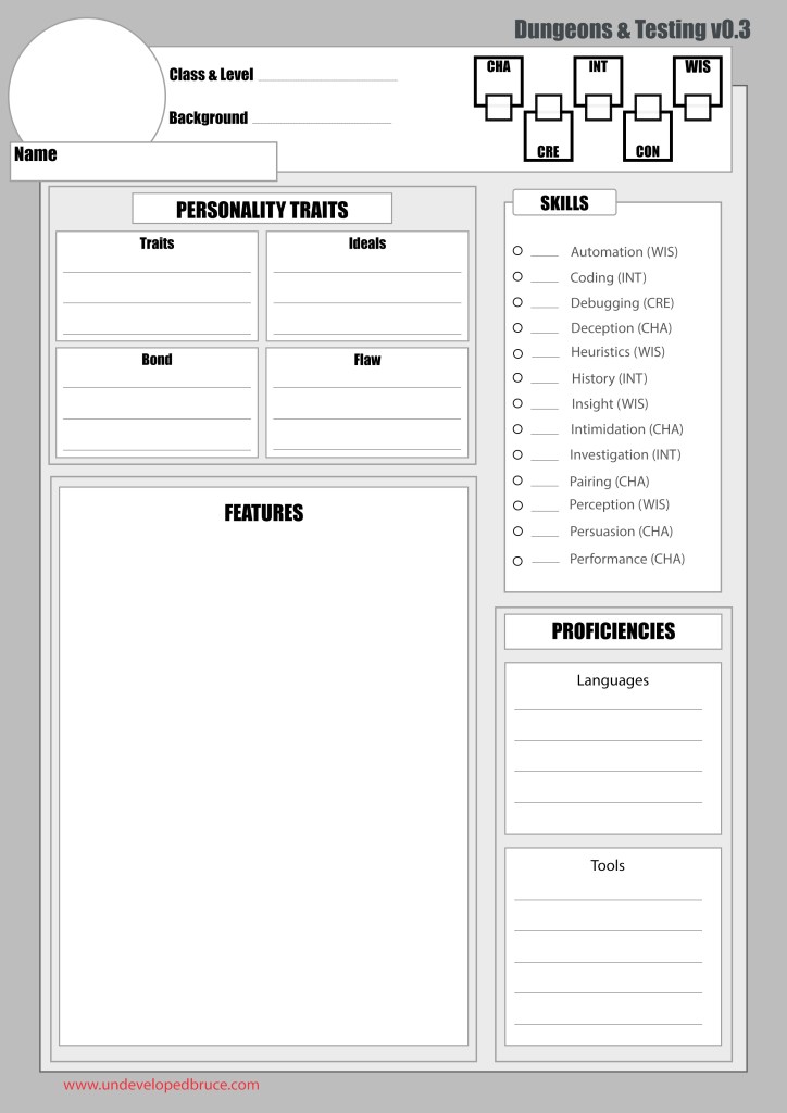 Template for the Dungeons and Testing character sheet. The sections are described in the text of this page.