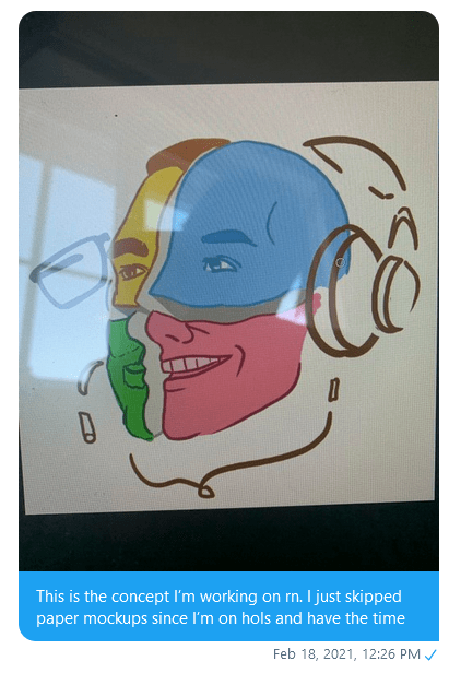 Screenshot from a Twitter conversation, in which I sent Chris a photo of a half-finished logo design, along with the message "This is the concept I'm working on right now. I just skipped paper mockups since I'm on hols and have the time".