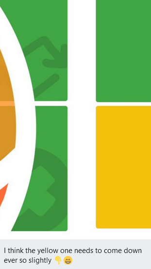 Screenshot of a twitter message from Danny to me. It shows a close-up of the logo where four squares intersect. Three of the squares are green, one is yellow. Danny says "I think the yellow one needs to come down ever so slightly".