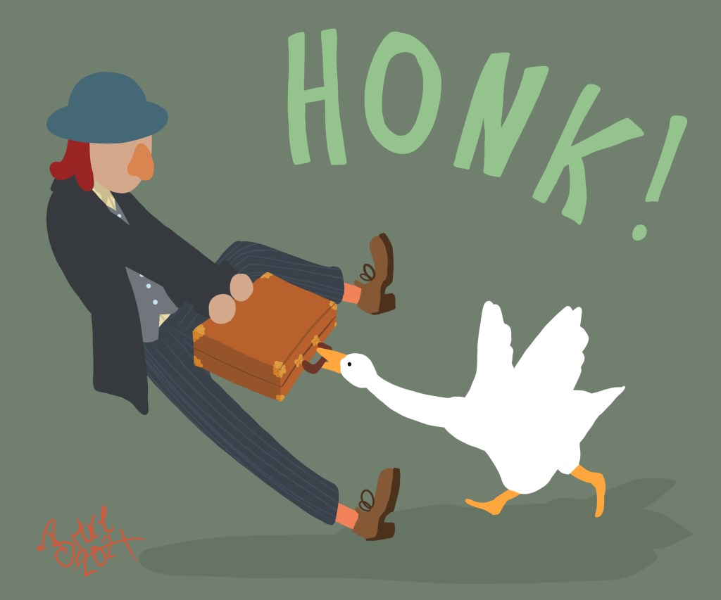 The final image of a businessman pulling his briefcase out of a goose's mouth. A green background has been added.