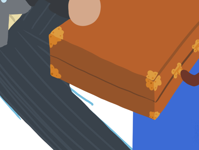 A close up shot of the businessman's briefcase. It is brown, and has gold hinges and gold corner protectors with a scalloped design.