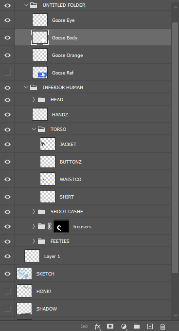 A screenshot showing many layers and folders of layers. They are titled things like "goose eye", "goose body", "goose orange", "hands", "jacket", "buttons".