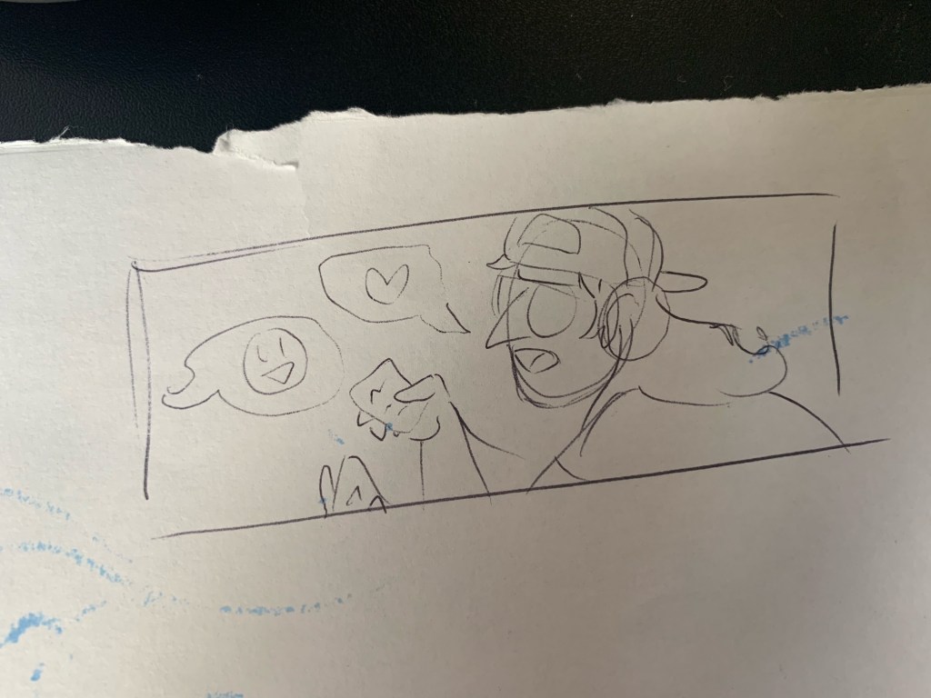 Sketch of a header image depicting Bruce holding sticky notes. It is drawn on a scrap piece of paper with torn edges.