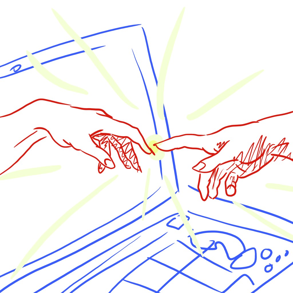 Square-aspect sketch parodying Michelangelo's painting of the creation of Adam, where Adam's hand is reaching out of a laptop screen to God.