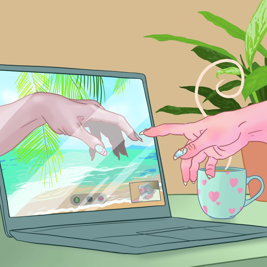 Completed drawing of God's video call. God and Adam both have pretty nails, and there is a mug and a potted plant on God's desk, while Adam seems to be dialling in from a tropical island.