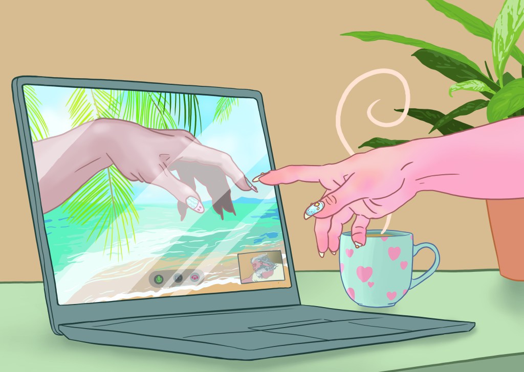 A wider version of the creation of Adam video call. The potted plant has been moved, and more desk can be seen.