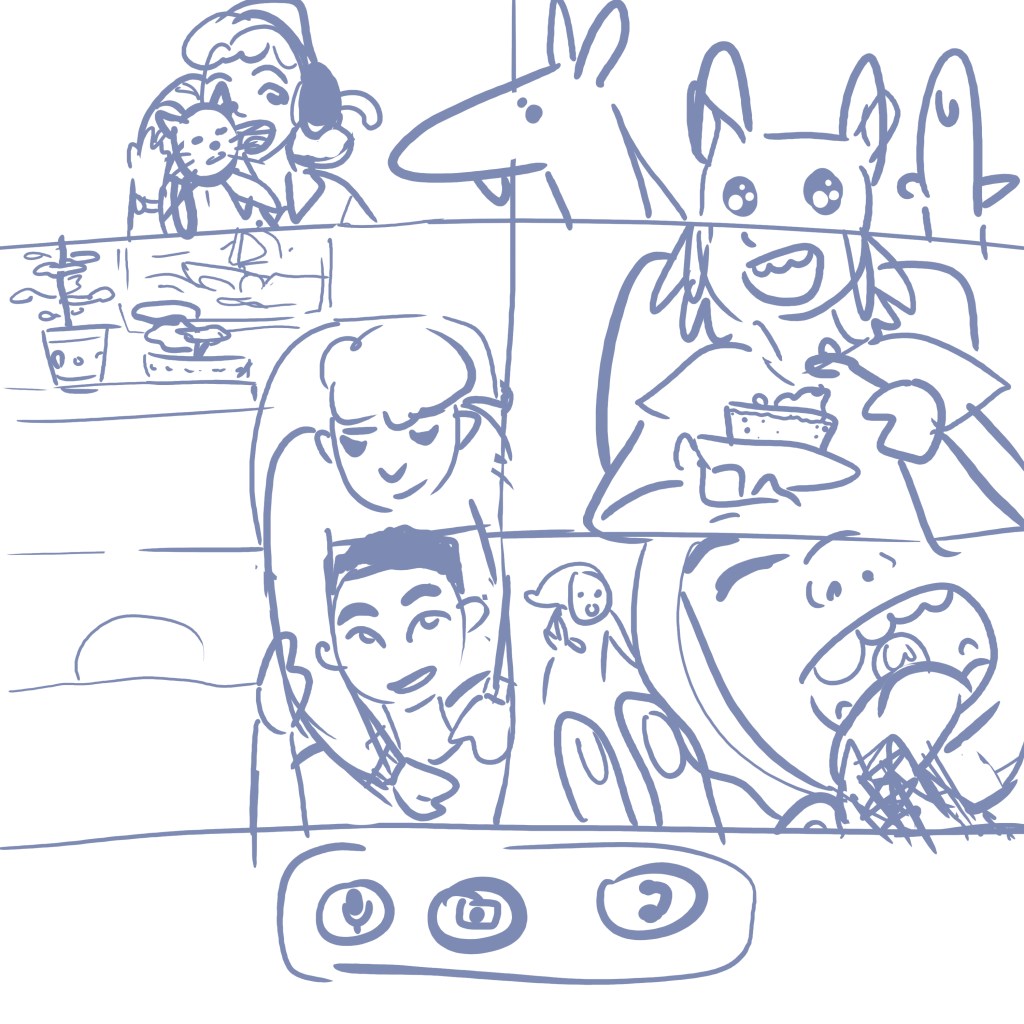 Sketched image of six people in a video call, interacting in ways that are impossible on camera. A dog in the top panel is leaning into another panel with a disgruntled cat in it. Someone in the middle is hugging the person in the panel below them. Another person is eating cake, while the last is licking their camera.