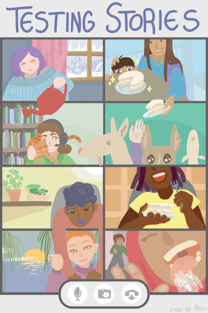 Final version of the book cover showing a video call. The colours are pastel and calm, compared to the previous image when they were bright.