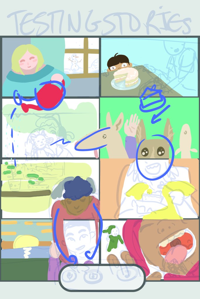 A taller version of the video call image. Two extra panels have been added, featuring a woman watering the plants of the person two panels below her, as well as a person handing out cake. The image has colours added, and interactions between panels are highlighted in blue.